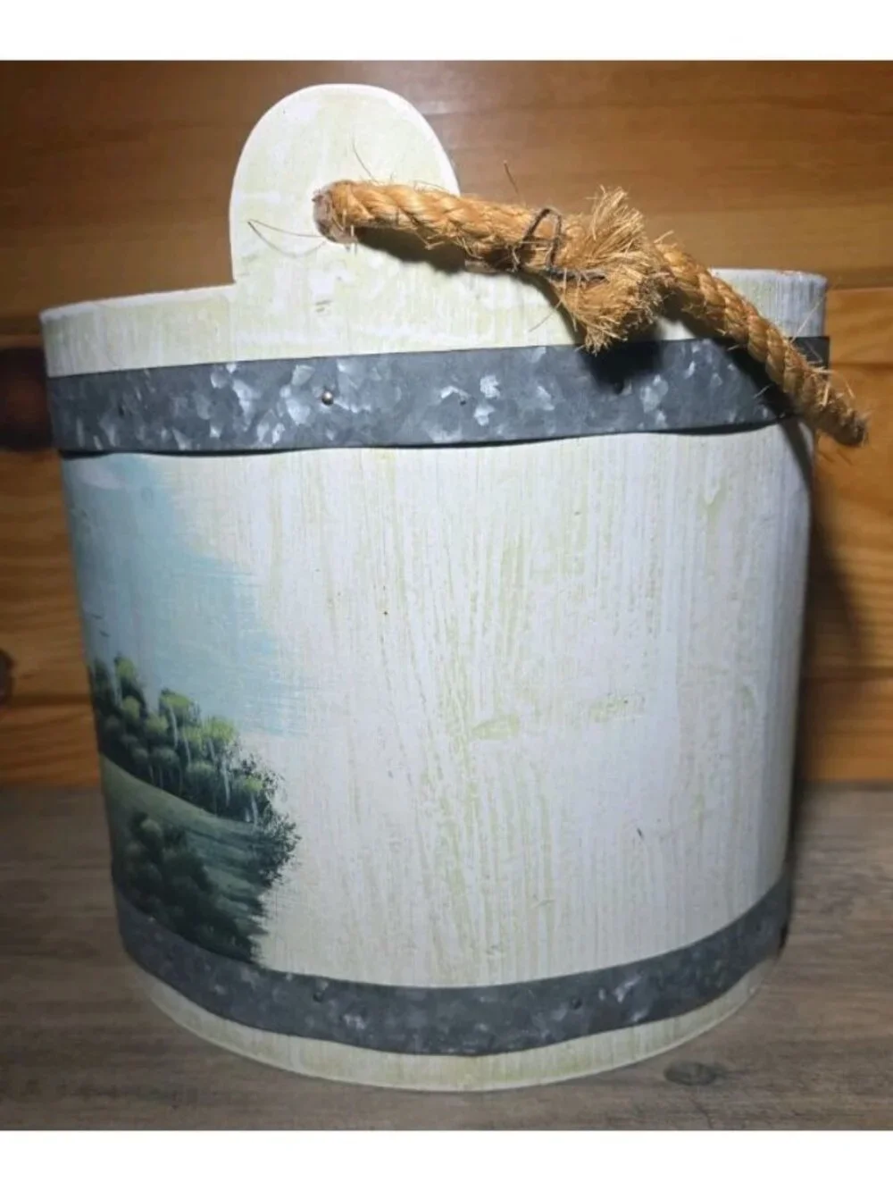 Wooden Bucket Panted Lighthouse Coastal Design With Rope Handle 8.5 Inches Tall